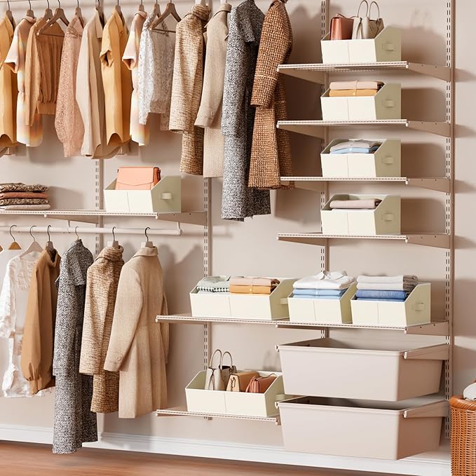 Storage Bins for Shelves - Small Trapezoid Closet Shelf Organizer, Fabric Organization Bins with Handles, Storage Baskets for Clothes, Towel, Purse, 4 Pack, Beige