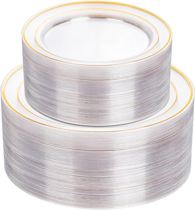 I00000 102 Pcs Clear Gold Plastic Plates - Disposable Party Plates, Gold Disposable Include 51 Dinner Plates and 51 Dessert Plates, Plastic Plates for Party, Holiday, Wedding & Birthday