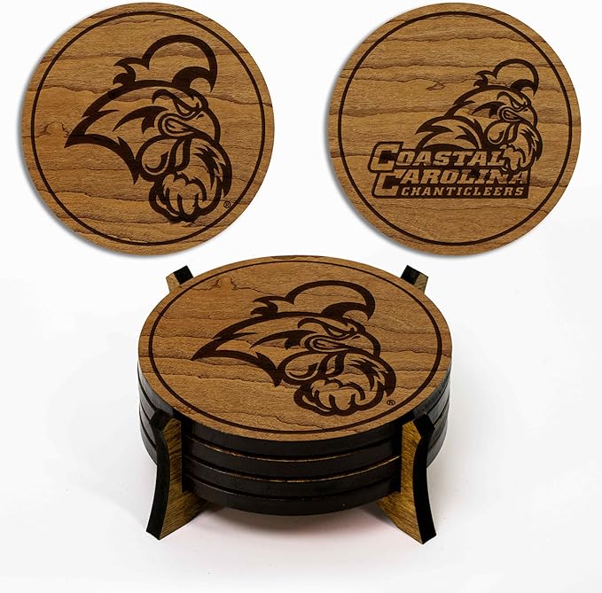 LazerEdge Coastal Carolina Chanticleers Wooden Coaster Set - Cherry Wood - Officially Licensed Product - 4-Pack