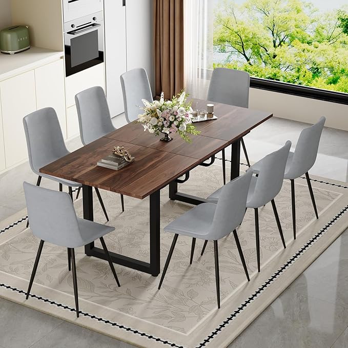 Extendable Dining Table Set for 8, 55"–71" Modern Wood Kitchen Table with 8 Upholstered Chairs, Space-Saving for Living Room Apartment, Sturdy & Comfortable, Easy Assembly
