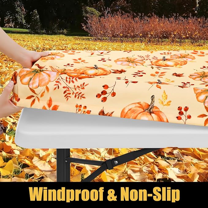 Smiry Rectangle Thanksgiving Table Cloth, Waterproof Elastic Fitted Tablecloths for 6 Foot Tables, Washable Polyester Table Cover for Autumn Harvest Parties (Pumpkin Leaf, 30"x72")
