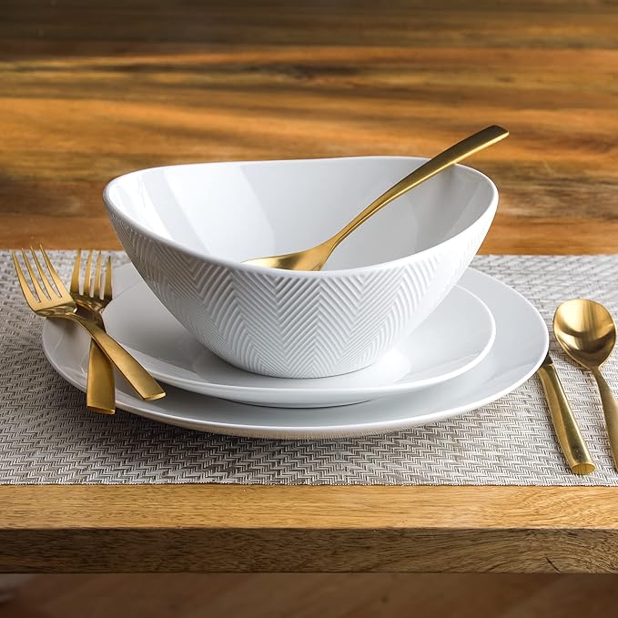 Euro Ceramica Highlands Collection Chip Resistant Semi Oval Salad, 4pc Bowl Set, white