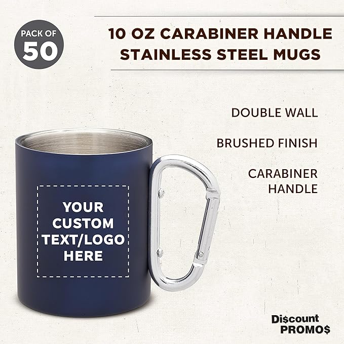 Custom Stainless Steel Mugs with Carabiner Handle 10 oz. Set of 50, Personalized Bulk Pack - Perfect for Coffee, Soda, Other Hot & Cold Beverages - Navy Blue