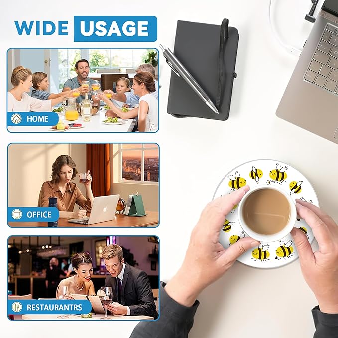 Bee Coasters Set of 4, Absorbent Ceramic with Cork Backing, Bee Happy Coaster Mats for Drinks, Ideal Gifts for Women Men