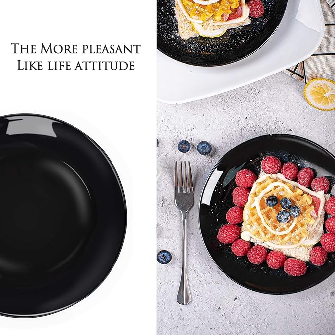 DELLING Porcelain Appetizer Plates, 7 Inch Black Dessert/Salad Plates - Small Dinner Plates for Sides, Snack, Pasta - Kitchen Ceramic Serving Dishes, Microwave and Dishwasher Safe - Set of 6