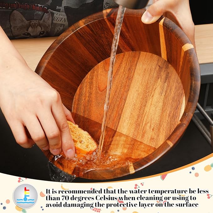 Yunlly Wooden Salad Bowl Set of 5 - Large Fruit Mixing Bowls with Salad Servers Utensils for Serving Dining Accessory - Handmade - Acacia Wood - Large 12", Medium 10", Small 8"(Round Design)