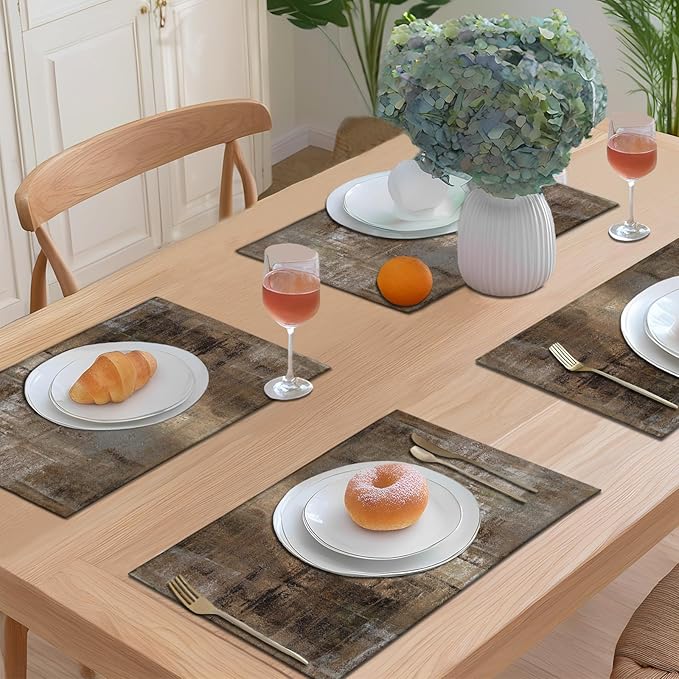 Brown Gray Placemats Set of 4 Modern Place Mats Indoor Abstract Art Table Mat Washable Linen Waterproof Heat Resistant Placemats for Dining Tables, 18 X 12 Inch