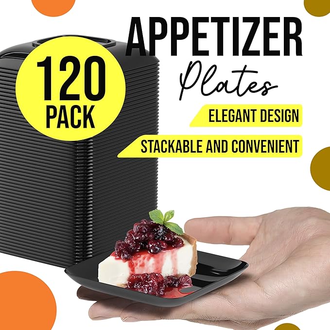Exquisite Tiny Mini Dessert Plates - 120 Pack 2.4 In. x 2.4 In. Black Disposable Appetizer Plates - Small Plastic BPA Free for Weddings