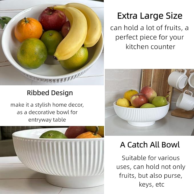 Ceramic Fruit Bowl,10.5" Decorative Bowl, White Fruit Bowl for Kitchen Counter, Purse Bowl, Key Bowl, Kitchen Island Décor, Centerpiece for Dining Table (White)