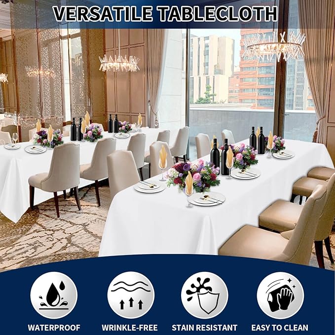 PureFit 6 Pack Rectangle White Table Cloths 90 x 132 Inch for 8Ft Tables, Stain and Wrinkle Resistant Table Linens for Home Use, Wedding, Party, Banquet and Camping