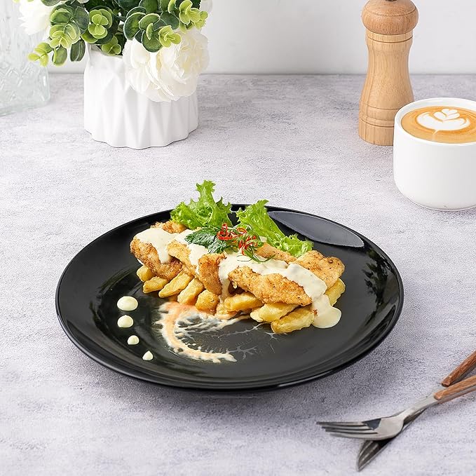 DELLING Dinner Plates Set of 6, 10 inch Ceramic Plates - Microwave, Oven, and Dishwasher Safe, Scratch Resistant - Modern Dinnerware Dish Set for Kitchen Serving - Black