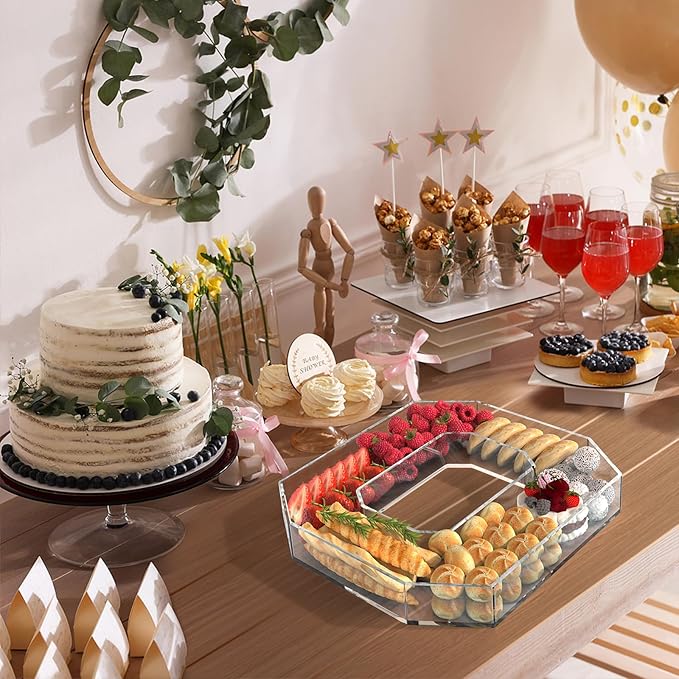 13.8" Acrylic Number Charcuterie Tray, Fillable Number Charcuterie Box for Food, Reusable Serving Cake Candy Dish Display Tray for Birthday Anniversary Party Decoration (Square Number 0)