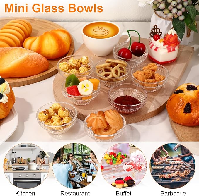 50 Pack 3 Inch Small Glass Bowls Set 2.5 oz Mini Prep Bowl Stackable Glass Candy Dish Dishwasher Safe Ramekins for Dipping Sauce Condiment Cereal Jelly Candy Nuts Dessert Ice Cream