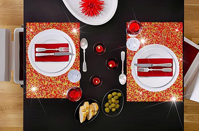 Red and Gold Placemats Colorful Bling Diamond Decor Table Mats Glitter Sparkly Heat Resistant Mat Set of 4 for Home Weedding and Party