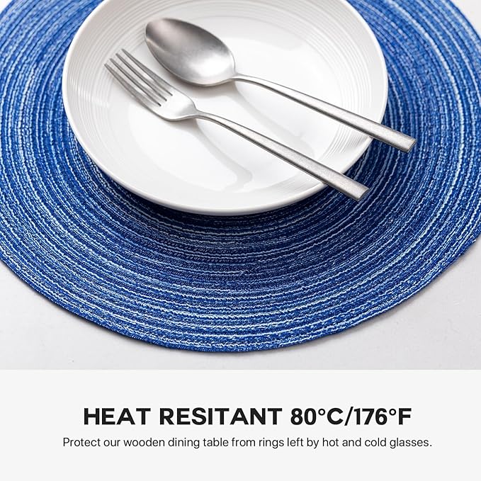 Round Placemats Set of 8 Woven Placemats Washable Braided Table Mats for Dining Table Heat Resistant Non-Slip Circle Place Mats(Royal Blue)