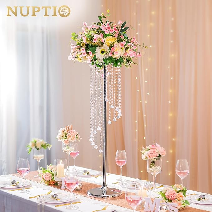 Nuptio Wedding Centerpieces Silver Vases: 10 Pcs 35.4in Tall Crystal Flower Vase Metal Flowers Stand for Party Tables Decorations - Elegant Bulk Weddings Decoration Table Chandelier Centerpiece stands
