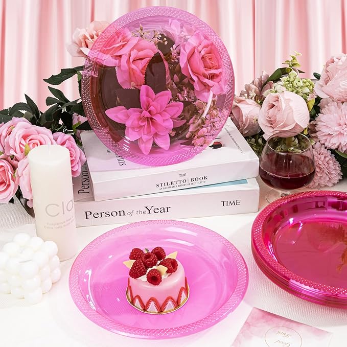 WELLIFE Neon Pink Party Plates 7 Inch -150 Count, Translucent Pink Plastic Disposable Dessert Plates for Fluorescent Neon Theme Party Salad Appetizers Valentine's Day Easter Baby Shower Mother's Day