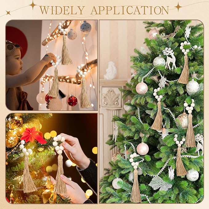 Maxcheck 60 Pcs Wood Bead Napkin Rings with Tassel Handmade Wooden Farmhouse Napkin Ring Natural Beaded Napkin Ring Holders for Tabletop Dining Party Wedding Gathering Home Decoration (Rustic)