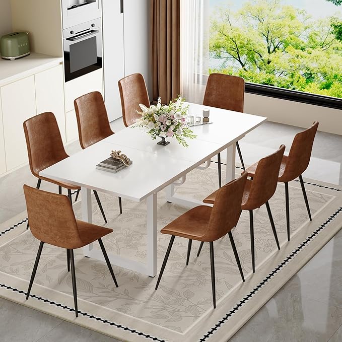 Extendable Dining Table Set for 8, 55"–71" Modern White Kitchen Table with 8 Upholstered Chairs, Space-Saving for Living Room Apartment, Sturdy & Comfortable, Easy Assembly