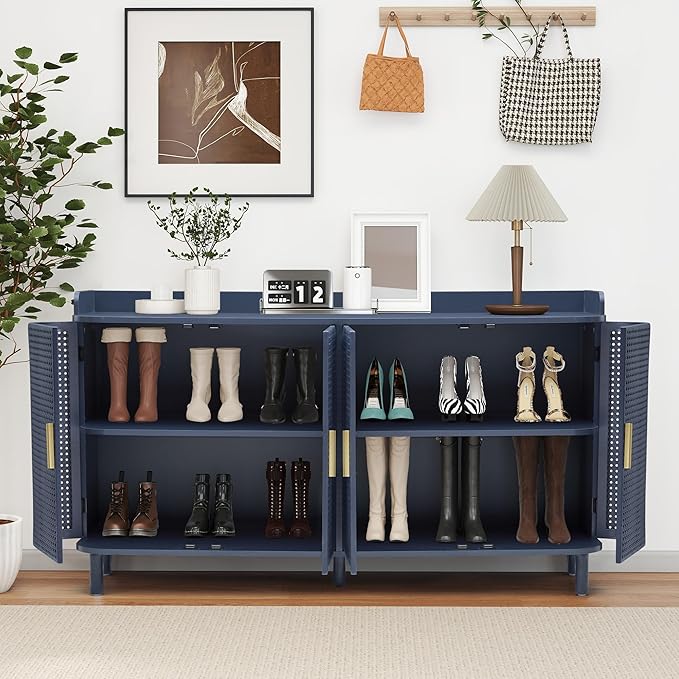 ORRD 4 Doors Storage Cabinet, 2 Tier Wooden Storage Organizer Cabinet with Adjustable Shelf, Sideboard Buffet Cabinets with Iron Curved Doors Accent Shoe Rack for Entryway Hallway Living Room (Blue)