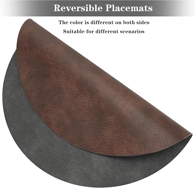 Round Placemats and Coasters Set of 8, Washable Reversible Faux Leather Placemats Cowhide Pattern Place Mats Wipeable Non-Slip 15 inch Round Kitchen Dining Table Mats (Gray Dark Coffee, 8)