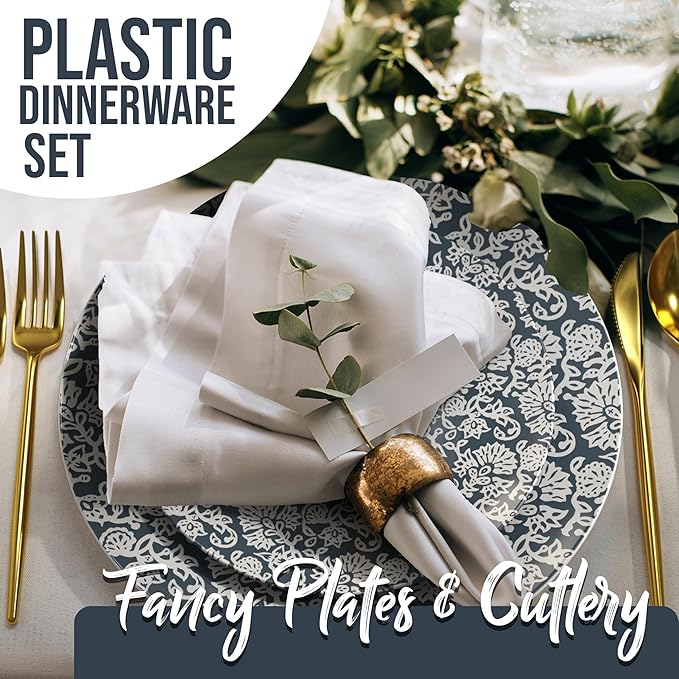 Trendables Fancy Plastic Dinnerware Sets 200 Pc 40 Guests Gold Silverware Disposable 40 X 10 Inch Charger Plates 40 X 8 Inch Dessert Plates 40 x Gold Plastic Forks and Spoons Knives In Garden Damask