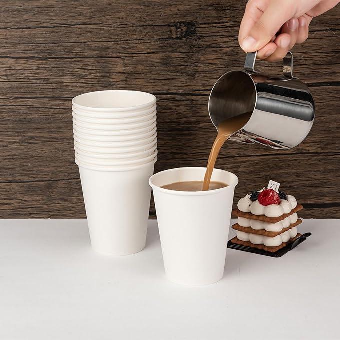 12 oz Disposable Paper Coffee Cups [300 Pack], White Hot Coffee Cups 12 oz, Thickened Design for Cafes, Bistros, Parties, and Events