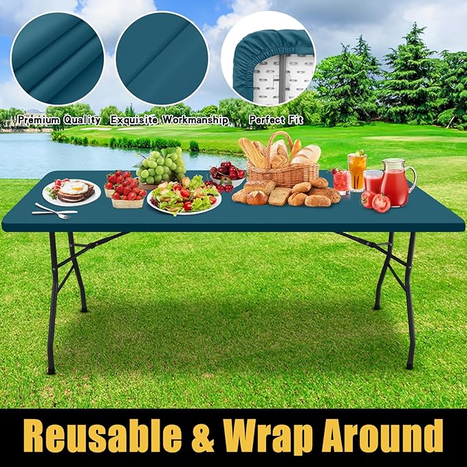 Smiry Rectangle Picnic Table Cloth, Waterproof Elastic Fitted Tablecloths for 4 Foot Tables, Washable Polyester Table Cover for Camping, Indoor and Outdoor (Peacock Blue, 24"x48")