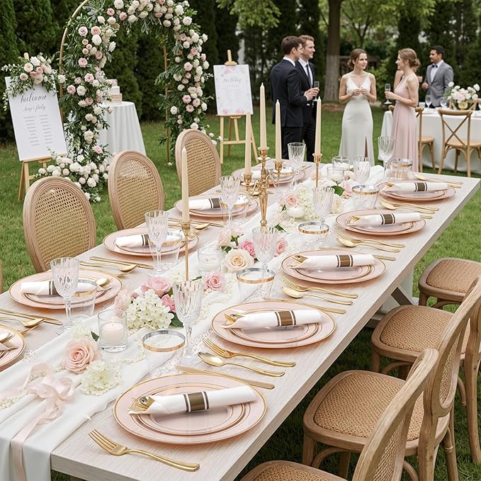 175PCS Pink plastic Plates - Pink Disposable Plates 25Guests Disposable Dinnerware Sets with Rolled Napkins for Wedding/Birthday/Easter/Baby Shower
