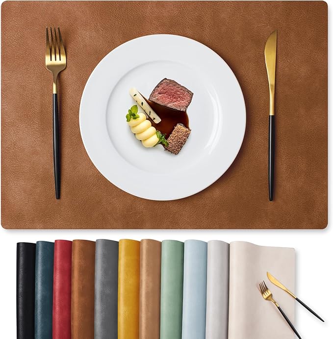 MOSAYT Vinyl Placemats Set of 12-12 X 17 Inch - Faux Leather 100% Waterproof Oil-Proof Wipeable PU Place Mats, Heat Resistant Reversible Table Mats for Kitchen, Dining, Outdoor (Reddish Brown)