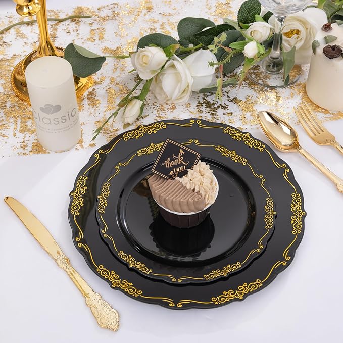 DaYammi 150Pcs Black Gold Plastic Plates & Plastic Silverware,Black Disposable Plates for Party Include 30 Dinner Plate,30 Dessert Plate,30 Knives,30 Forks,30 Spoons,black plates for Party Wedding