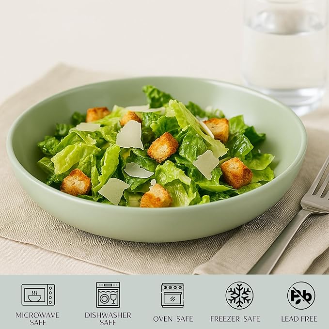 Ceramic Pasta Bowls Set of 4 – 40oz Extra Large Dinner Bowls, Deep Plates Salad Bowl for Eating, Pasta Plates, Stoneware Shallow Bowl Plate Set, Dishwasher & Microwave Safe - Green