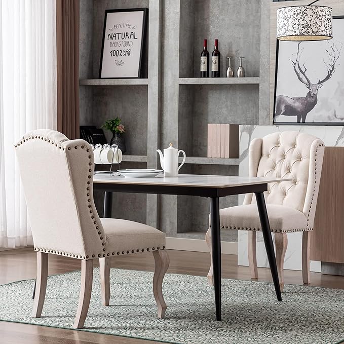 Linen Dining Chairs Set of 6, Farmhouse Dining Room Chairs with Tufted Wingback, Upholstered French Country Parsons Kitchen Chairs Side Accent Chair for Home/Restaurant, Cream