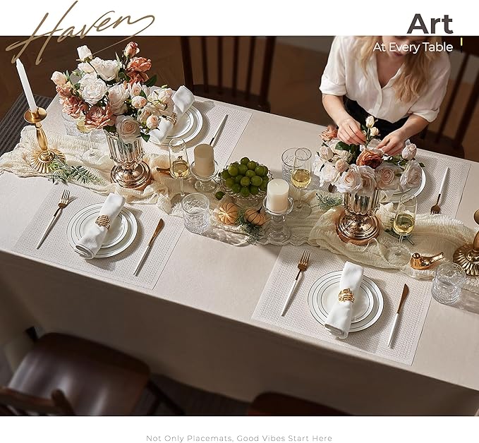 Leetaltree Luxury Crystal White Sequin Placemats Set of 6 - Waterproof Washable for Wedding, Anniversary, Daily Use - Sparkling Table Decor - Hand-Cut