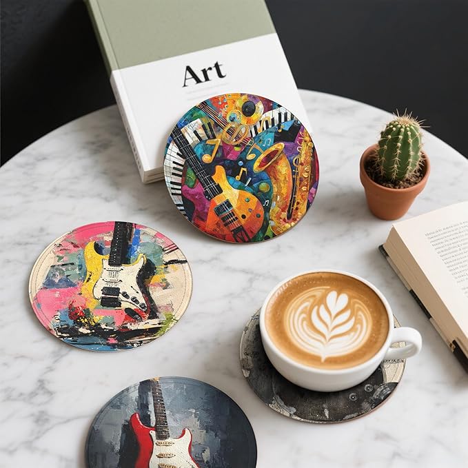 Musical Coasters Leather Round Drink Coasters 6 Pcs Set with Holderor for Cup Drink Coffee Table Bar Home Decor