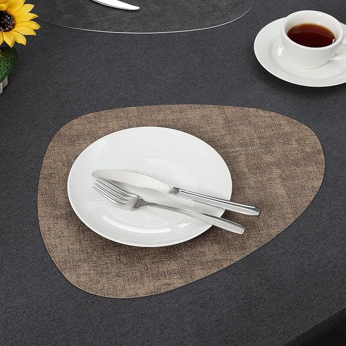 Placemats and Coasters, Washable Reversible Placemats Round Faux Leather Wipeable Place Mats Non Slip Heat Resistant Indoor Outdoor Table Mats (Set of 4, Gray Brown)