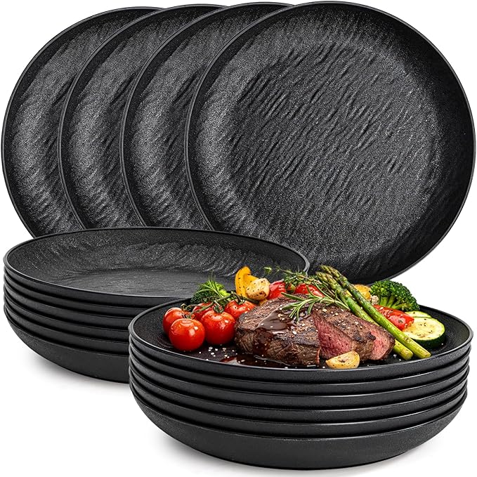 16 Pieces Large Deep Plastic Plates, 9 Inch Unbreakable Dinner Plates Reusable Lightweight Dishes, BPA Free Flat Round Dinnerware Microwave Dishwasher Safe for Kitchen Camping Picnic