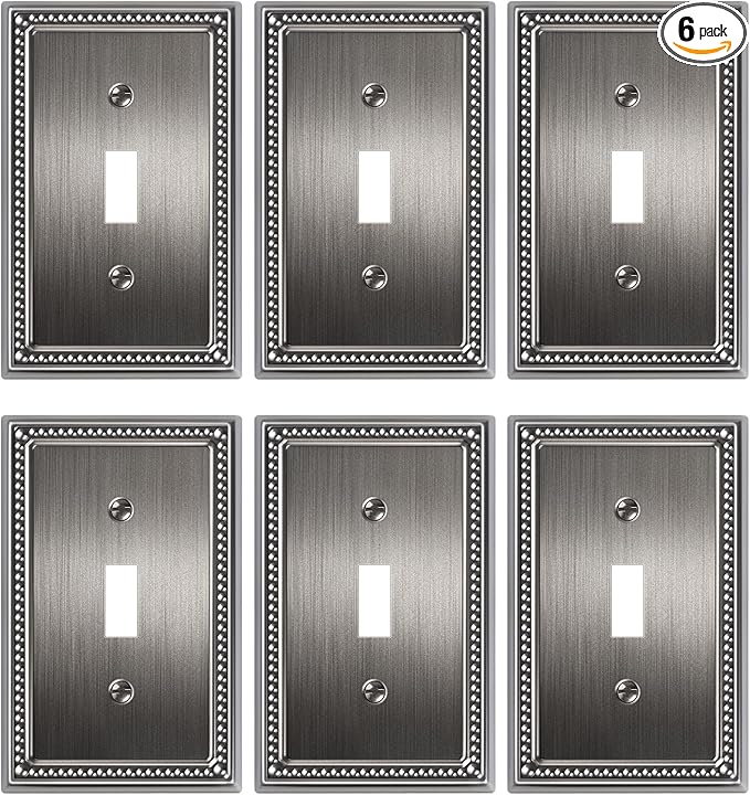 6-Pack Single Toggle Light Switch Cover Plate, Pearls Decorative Switch Plate Covers, Antique Silver 1 Gang Metal Wall Plate, Corrosion Resistant