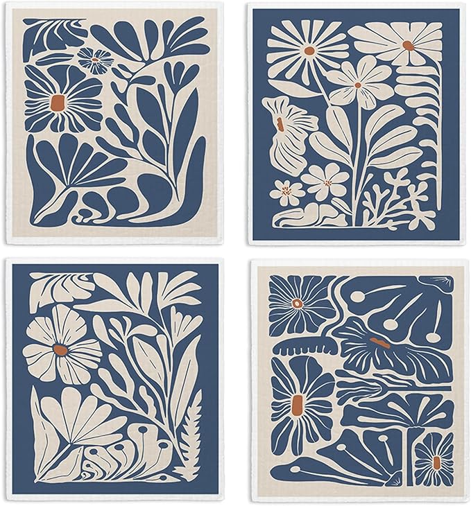 Spring Flower Swedish Dishcloths for Kitchen, Boho Navy Blue Swedish Dish Cleaning Cloths for Floral, 4 Pack Dish Towels for Kitchen, Papaya Reusable Paper Towels Washable
