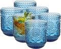 Topsky Vintage Drinking Glass Set of 6,12 oz Embossed Floral Decorative Glassware Set,Glass Cups Wine Glasses Beverages Tumblers Colored Glassware for Whisky,Beer,Juice,Cocktail,Heavy Duty