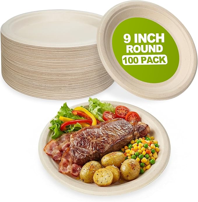 W&Y 100 Pack 9 Inch Paper Plates, Heavy-Duty Dinner Plates, Cut Resistant & 100% Compostable Disposable Paper Plate,Leak Proof & Microwave Safe for Parties, Weddings, Catering Events