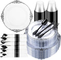 Hioasis 350pcs Clear and Black Plates - Black Party Plates for 50 Guest, Include 100 Heavy-duty Plates(20% Thicker Than Standard), 50 Pre Rolled Gold Plastic Silverware Set, 50 Cups