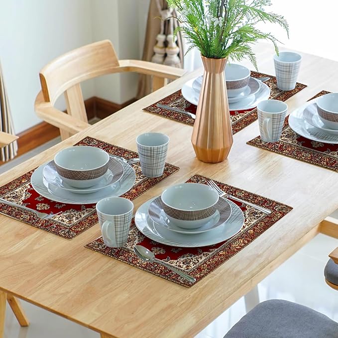 Giwawa 12"x18" Ethnic Boho Placemats Set of 4 Antique Tribal Rustic Red Floral Table Mats Farmhouse Carpet Stain Resistant Washable Linen Place Mat for Kitchen Dining Picnic Party Decor