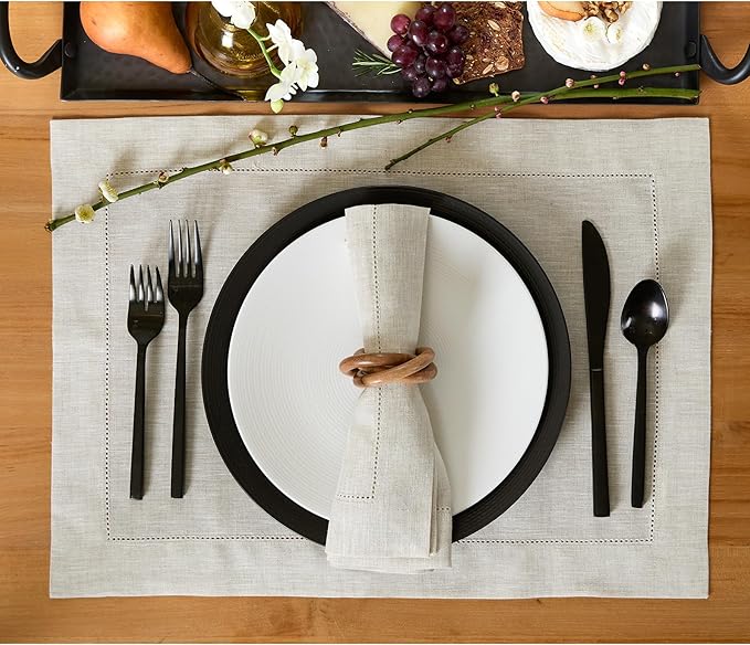 Solino Home Linen Placemats Set of 4 - Classic Hemstitch Light Natural Placemats 14 x 19 Inch - 100% Pure Linen Table Mats for Spring, Easter