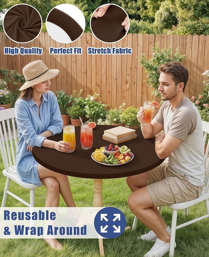 Round Spandex Tablecloth, Elastic Fitted Waterproof Tablecloths for 45"-56" Tables, Stretch Washable Picnic Table Cover for Camping, Dining, Indoor and Outdoor, Coffee