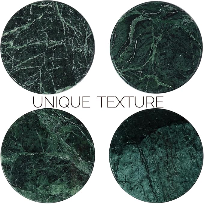 Koville Marble Coaster Set of 4, Round Coasters, 4" Stone Coaster for Drinks Coffee, White Marble Coasters for Coffee Table Home Bar Decor, Heat Resistant, Gift Choice(Green)