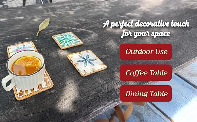 Handmade Rattan Coaster Set of 4, Cute Coasters Square with Mother of Pearl, Coastal & Boho Coaster Vintage for Decorative, Coffee Table, Bar & Outdoor Drink Coasters, Unique Housewarming Gift