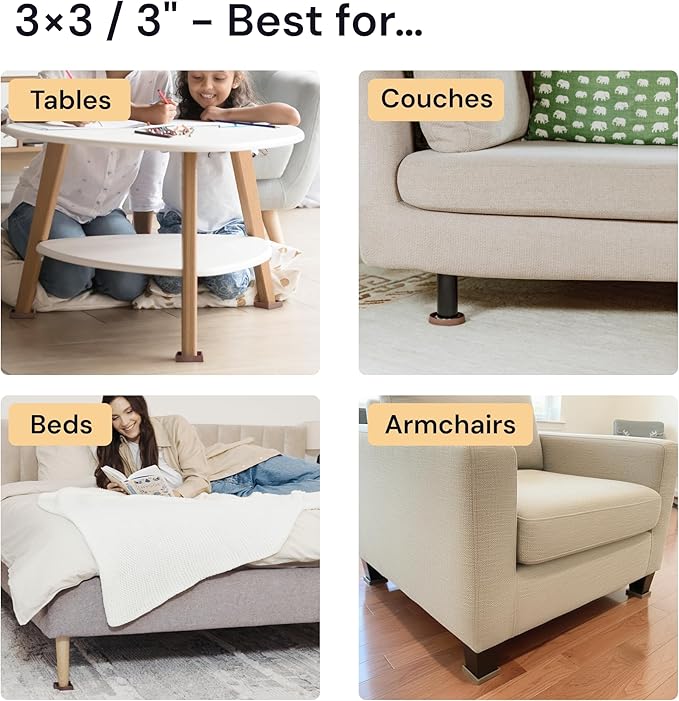 CasterMaster Non-Slip Rubber Furniture Pads - 3 in x 3 in Set of 4 Brown - Floor Protectors for Hardwood Floors & Chairs - Grippers & Rubber Feet for Furniture