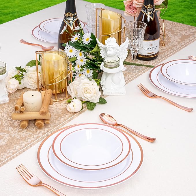 100 Pack White Disposable Soup Bowls with Rose Gold Rim,12oz Disposable Soup Bowls,Disposable Soup Dessert Salad Bowls for Wedding/Party/Catered Events/Valentine's Day