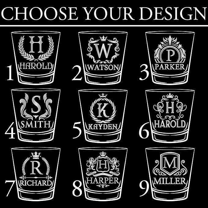 Customization Mill Set of 2, Monogrammed Whiskey Rocks Glasses w/ Name & Initial - Gifts for Men 9 Designs Personalized Bourbon Custom Birthday Dad, Old Fashioned Scotch